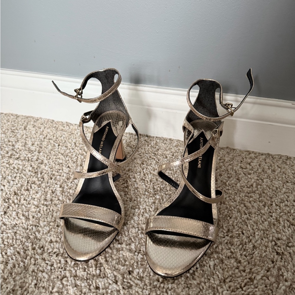 ANTONIO MELANI Metallic Crisscross Ankle Strap Sandals